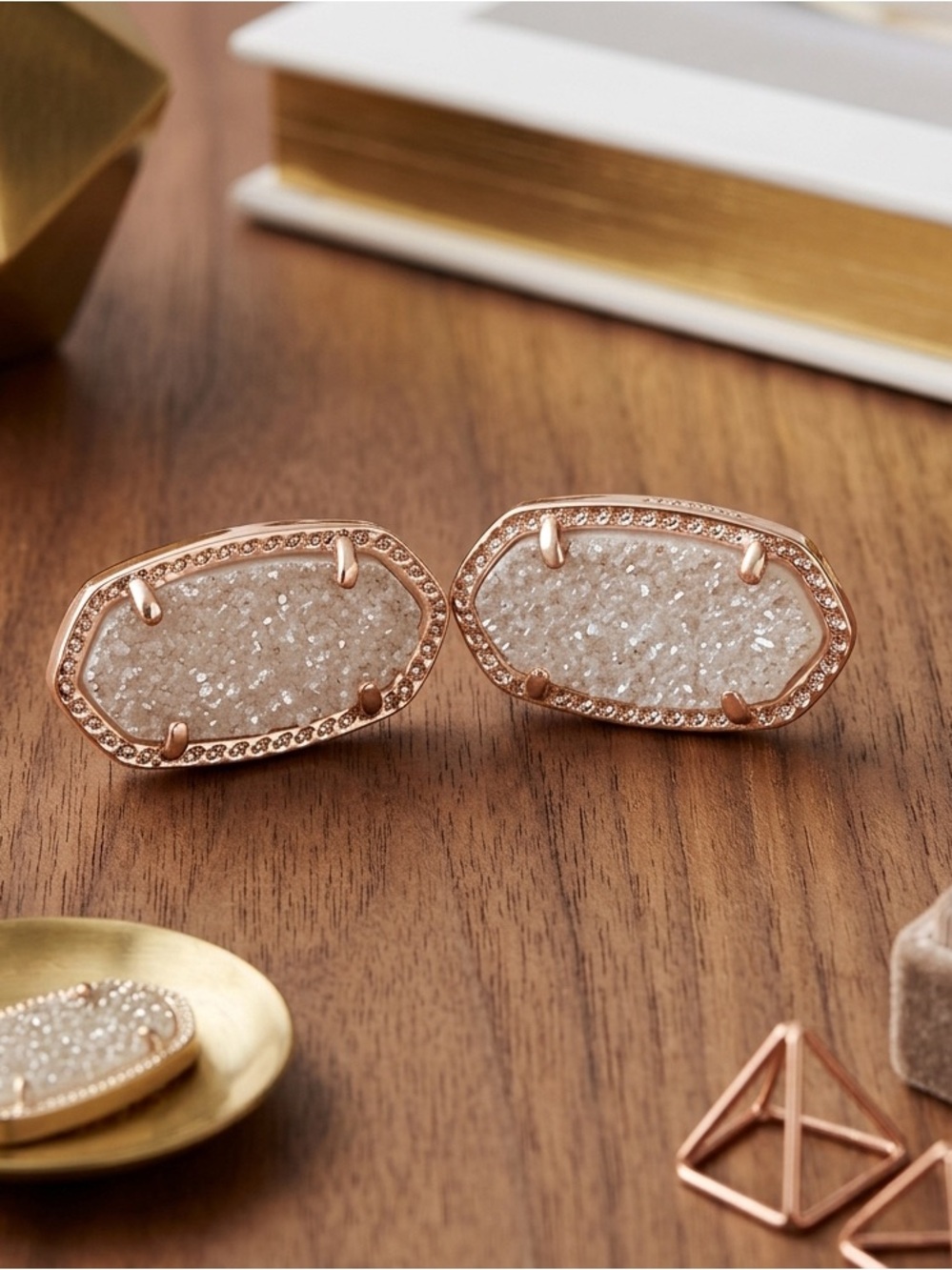 Kendra Scott White Druzy Oval Stud Earrings with Gold Trim